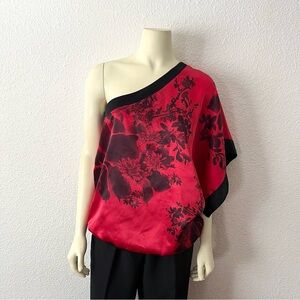 Studio Y Red and Black Floral One-Shoulder Top Size Medium